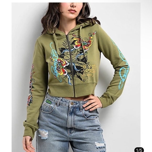 Ed Hardy Jackets & Blazers - Ed Hardy Butterflies Y2K Olive Crop Zip Hoodie